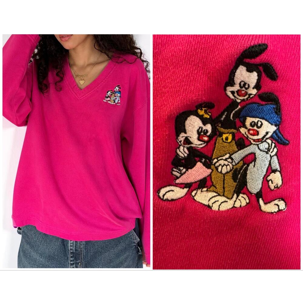 Vintage 90s Animaniacs Pink V Neck Sweatshirt Oversized Embroidered Medium
